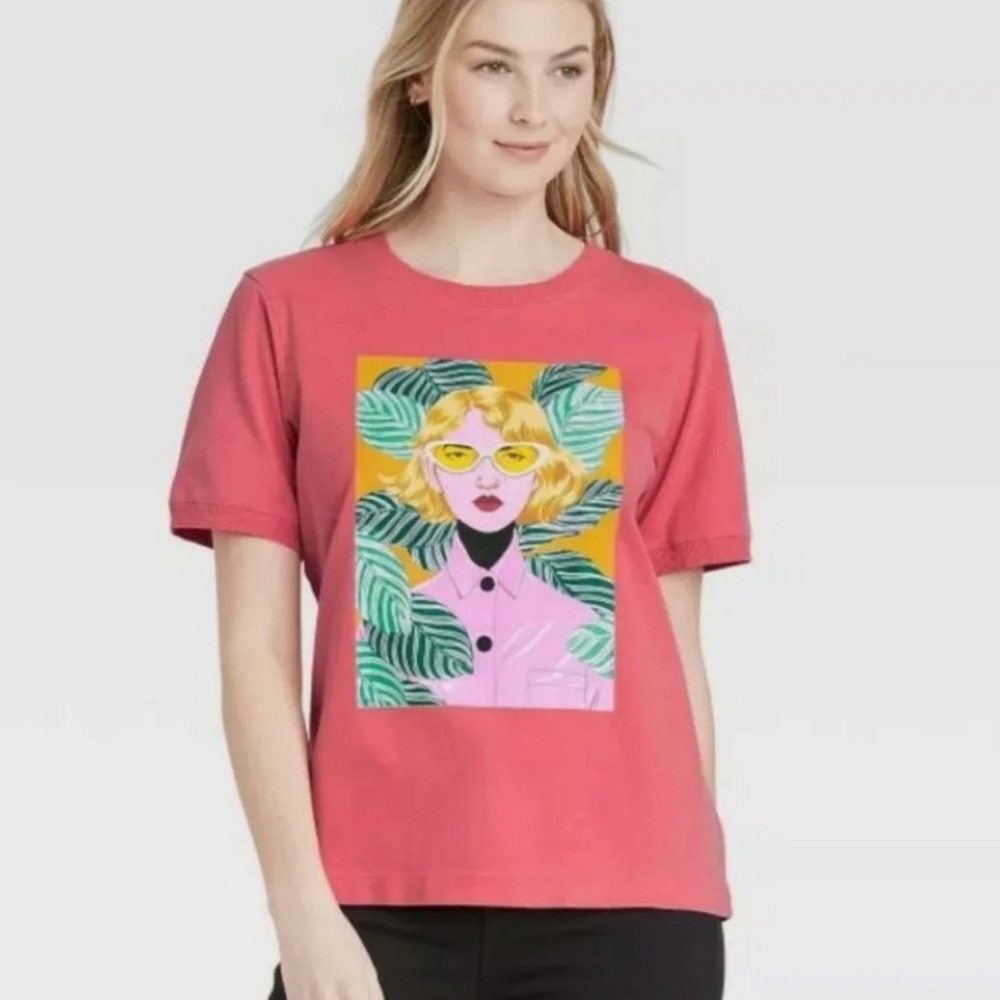 Bijou Karman l L Retro Lady Sunglasses Palm Leaf Ribbed Crew SS Graphic T-Shirt